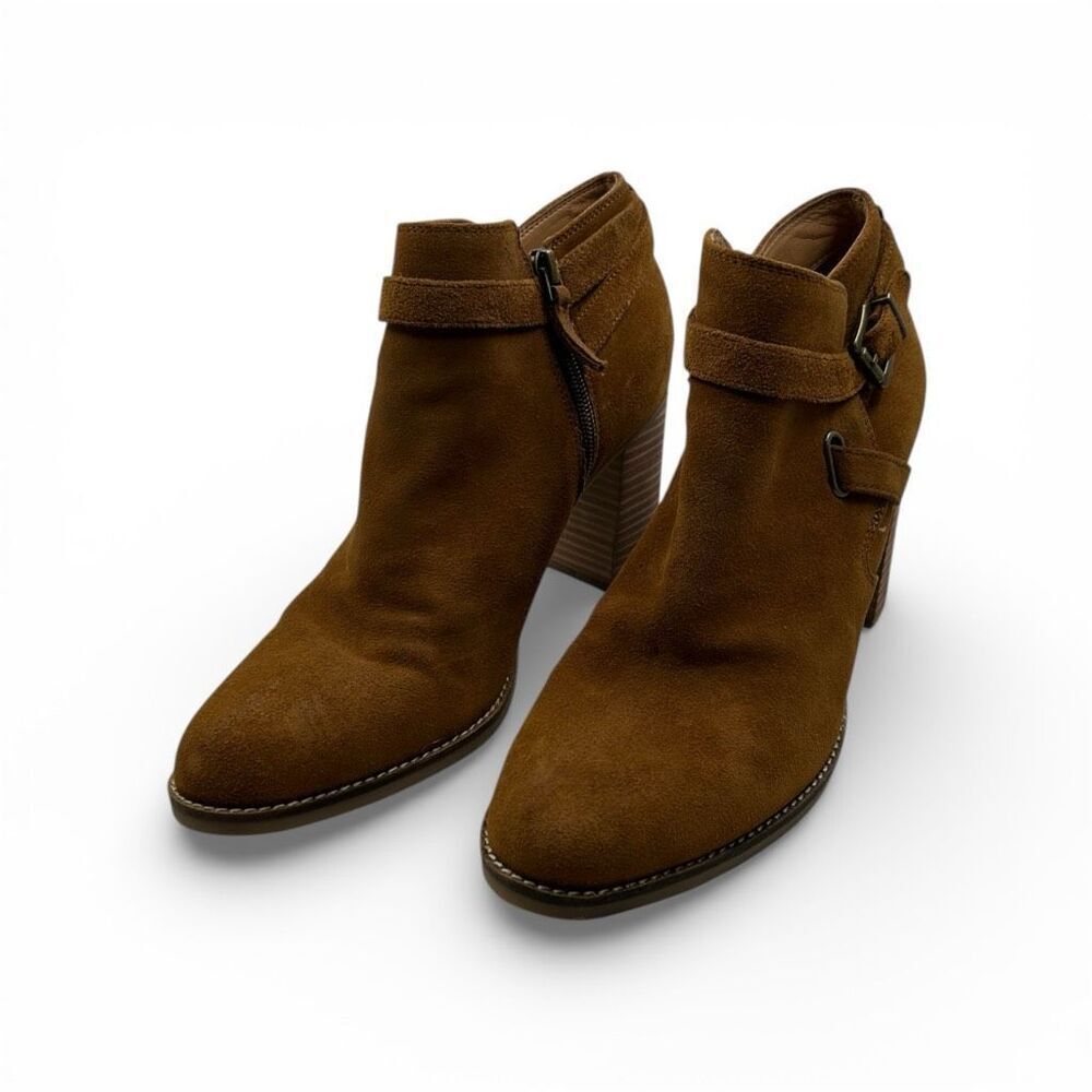 Franco Sarto Orena Brown Suede Ankle WESTERN Boots Block Heel Buckle Strap Size